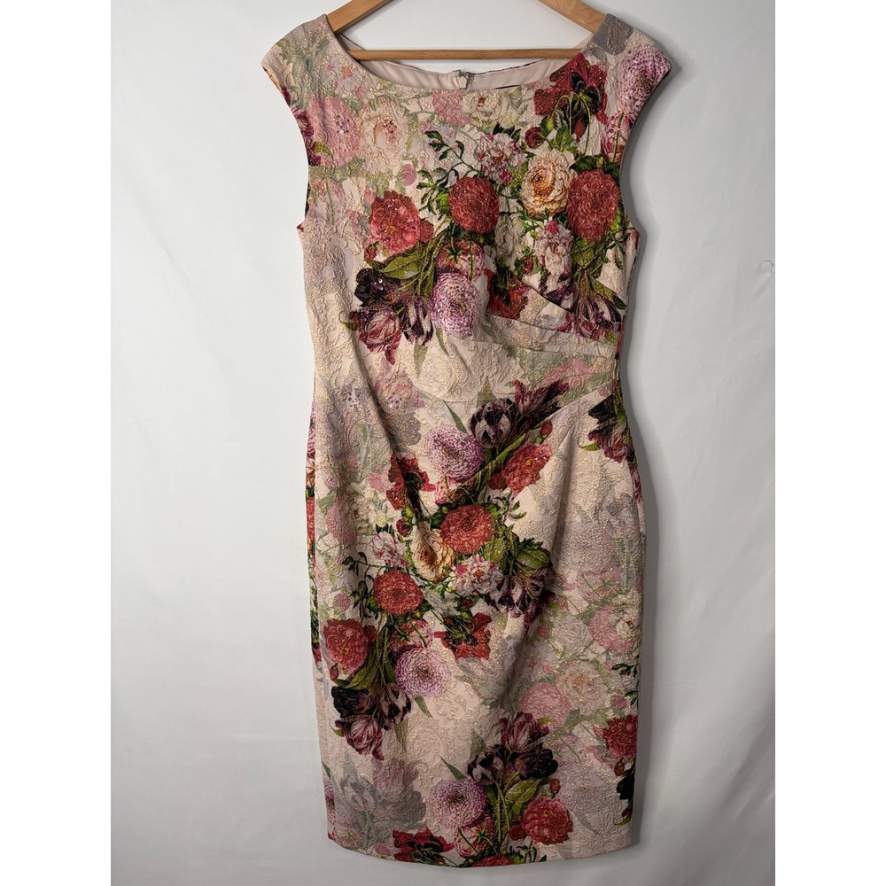 Adrianna Papell Floral Jacquard Sheath Dress Metallic 8 Event Gala Luxury Yacht